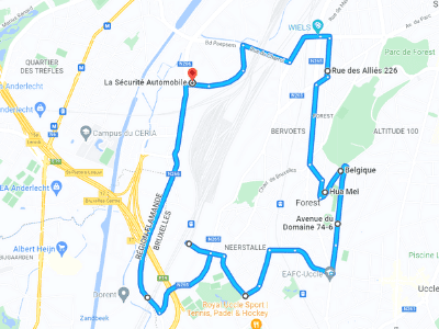 Carte de l'itinéraire 1 d'Anderlecht — parcours urbain résidentiel, 25 minutes, 12,3 km