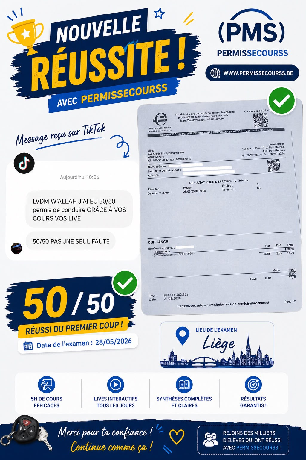 Résultat d'examen théorique : 50/50, réussi