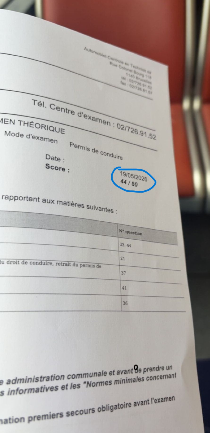 Résultat d'examen théorique : 44/50, réussi