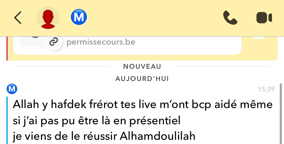 Message de remerciement d'un élève PermisSecours