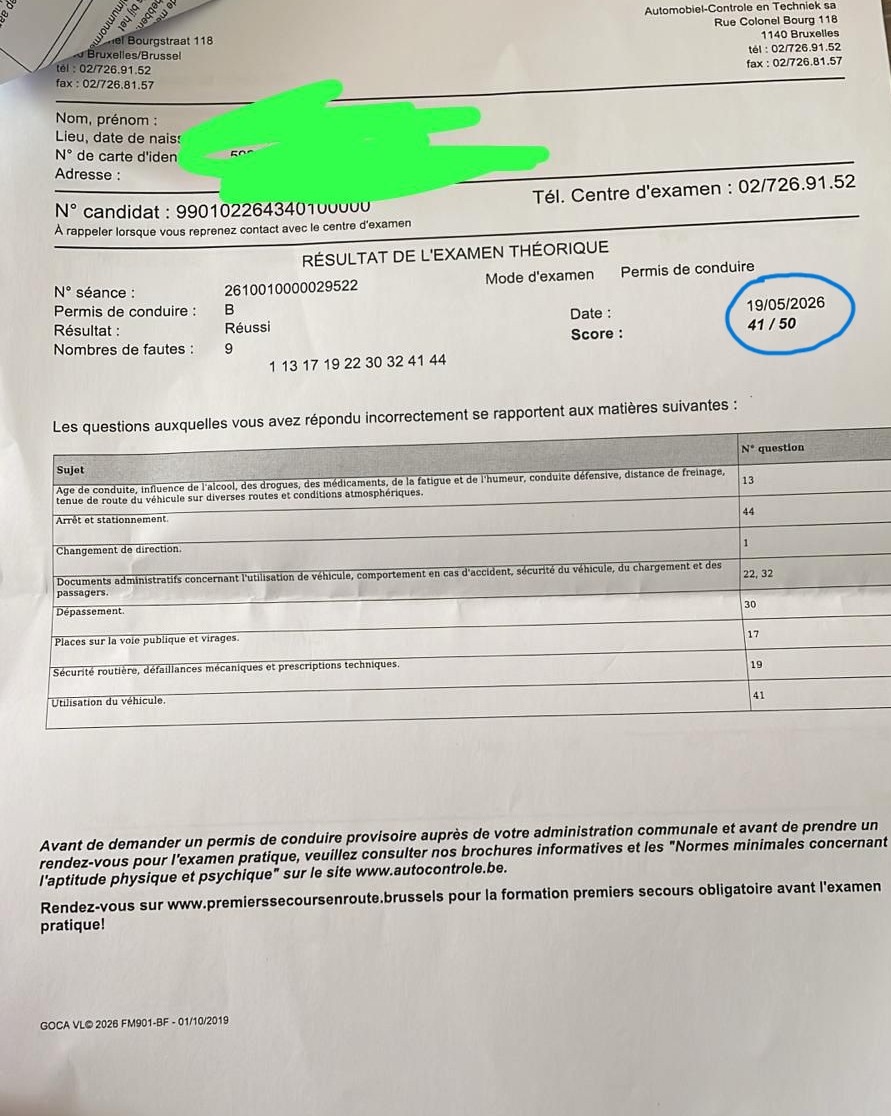 Résultat d'examen théorique : 42/50, réussi