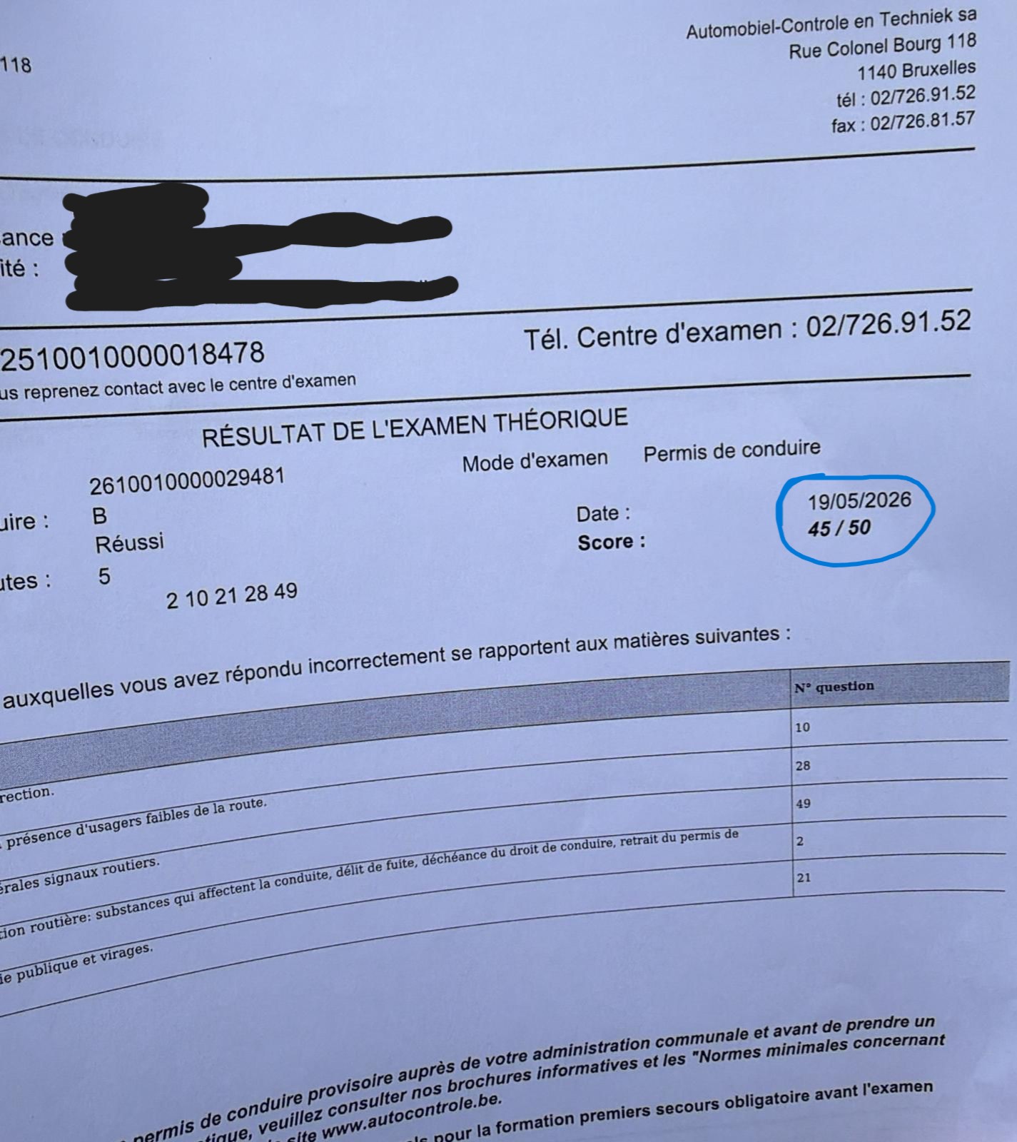 Résultat d'examen théorique : 45/50, réussi