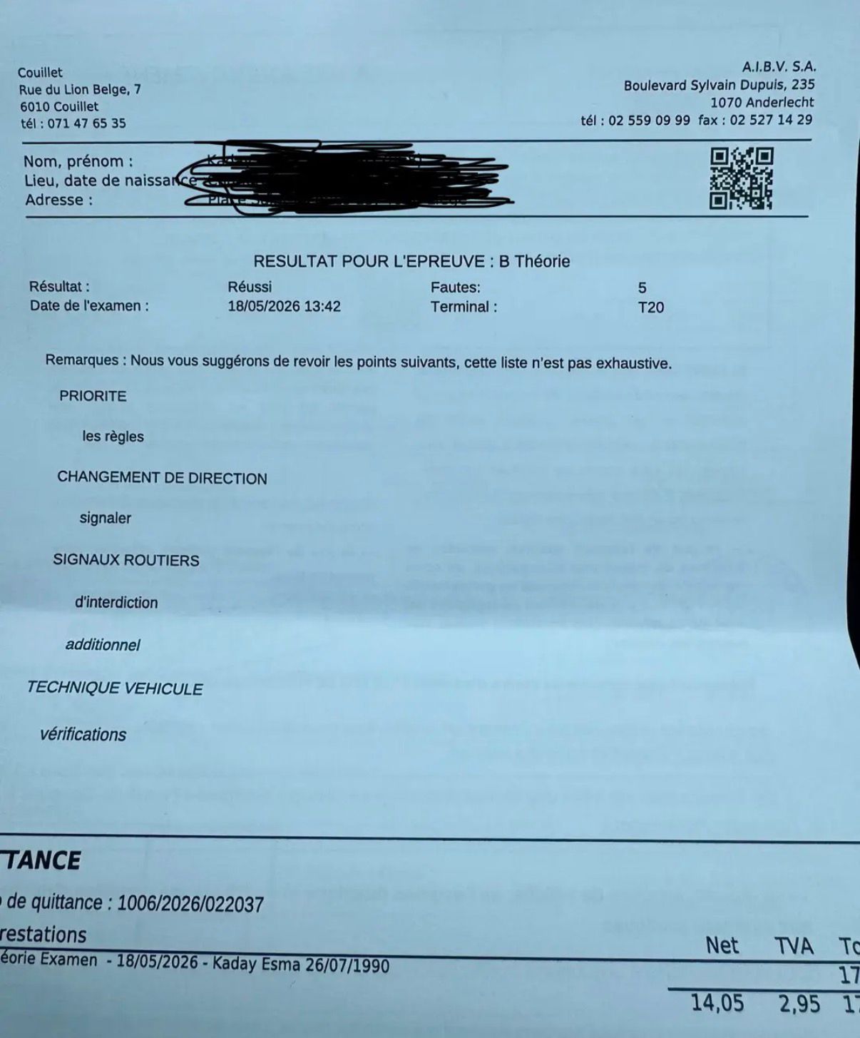 Résultat d'examen théorique : 41/50, réussi