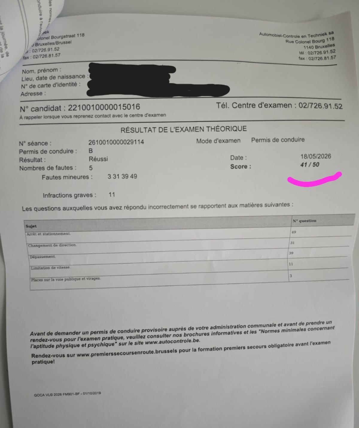 Résultat d'examen théorique : 41/50, réussi