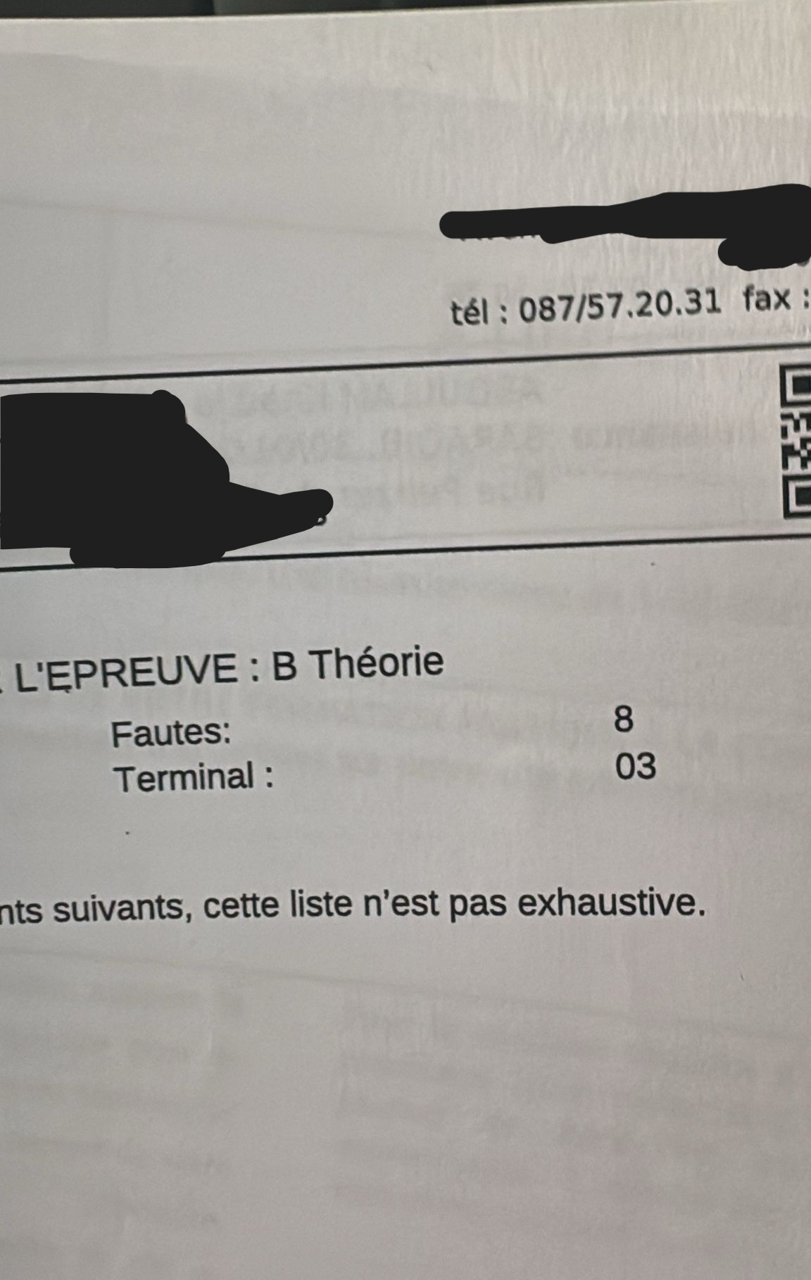 Résultat d'examen théorique : Réussi, réussi