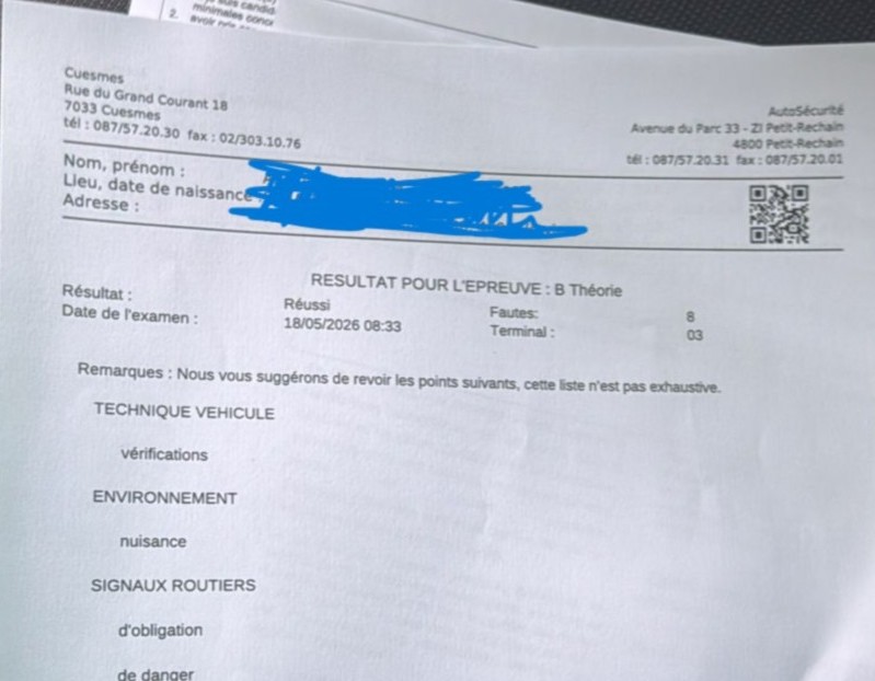 Résultat d'examen théorique : Réussi, réussi